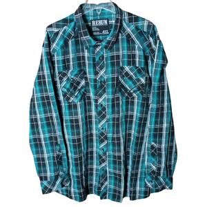 Rerun Men's 4xl Turquoise Green/ Black Plaid Pearl Snap Western Cowboy Shirt